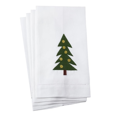 Tistheseason SARO Christmas Tree Embroidery Design Hemstitched Linen Cotton Guest Towel White - Set of 4 TI3198321